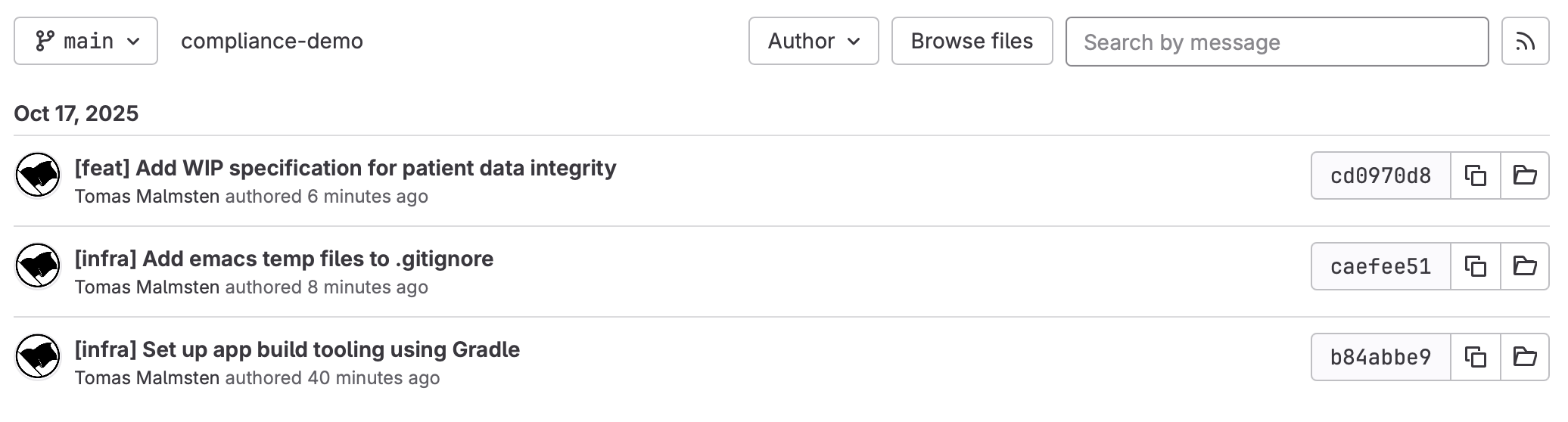 Git change log, or history, also rendered by GitLab